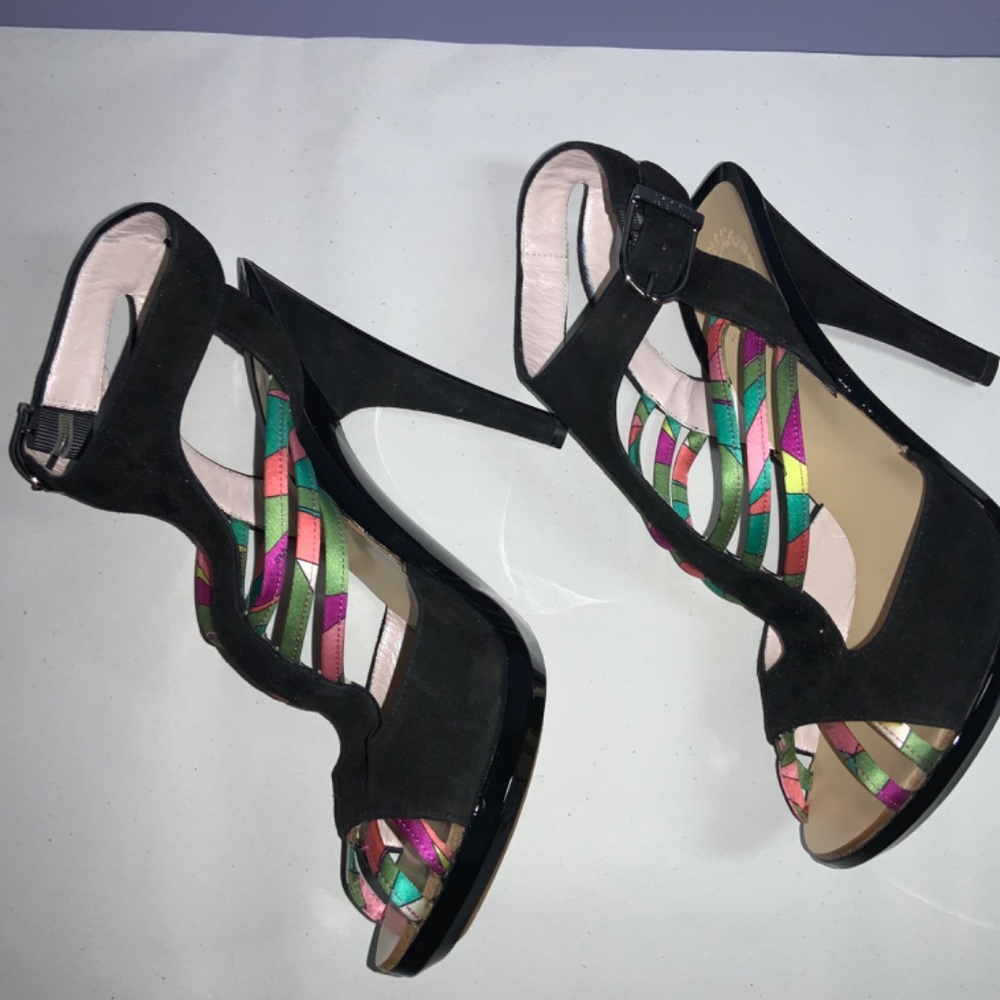 Emilio Pucci Black cage heels Sz 38 /7.5 multicolor satin accents Suede - Picture 3 of 6